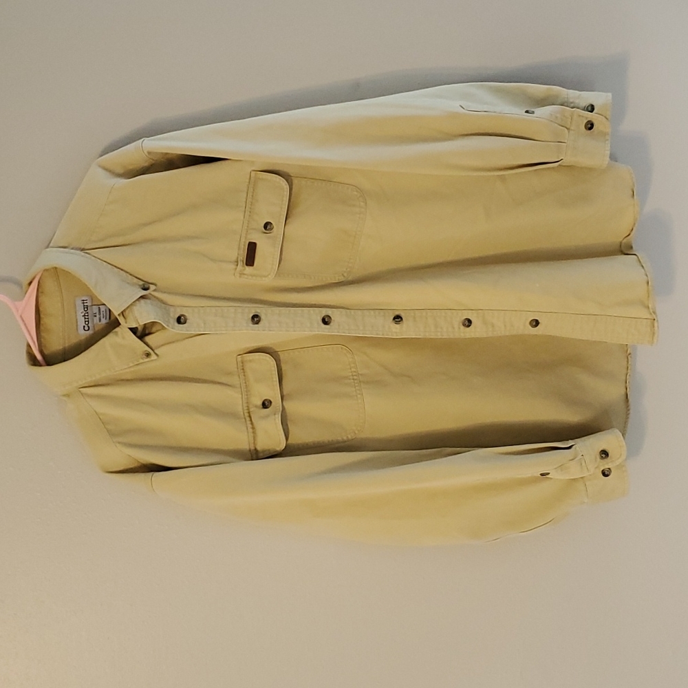 Mens Carhartt 100% Cotton Tan Yellow Denim Long Sleeve Work Shirt Size XL